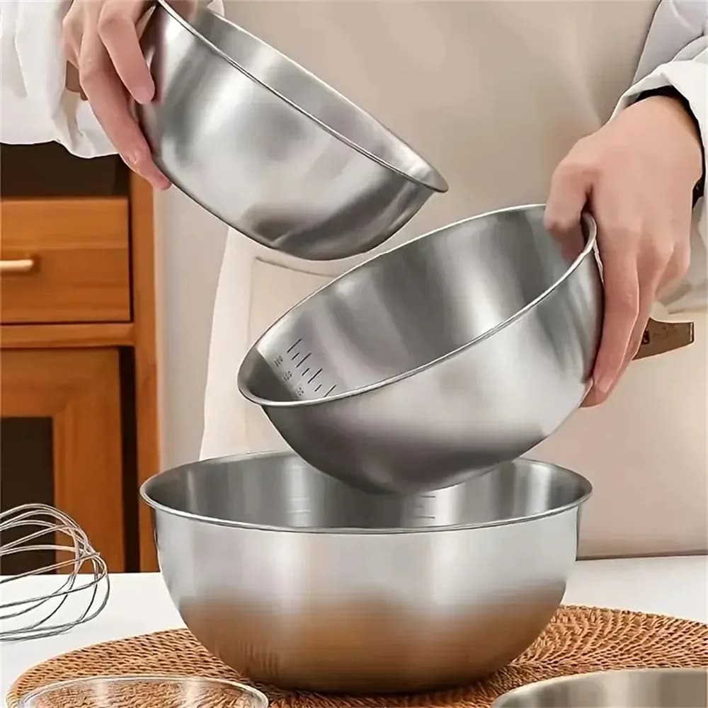 Bollsett i rustfritt stål med måleskala – mikseboller til matlaging og baking
