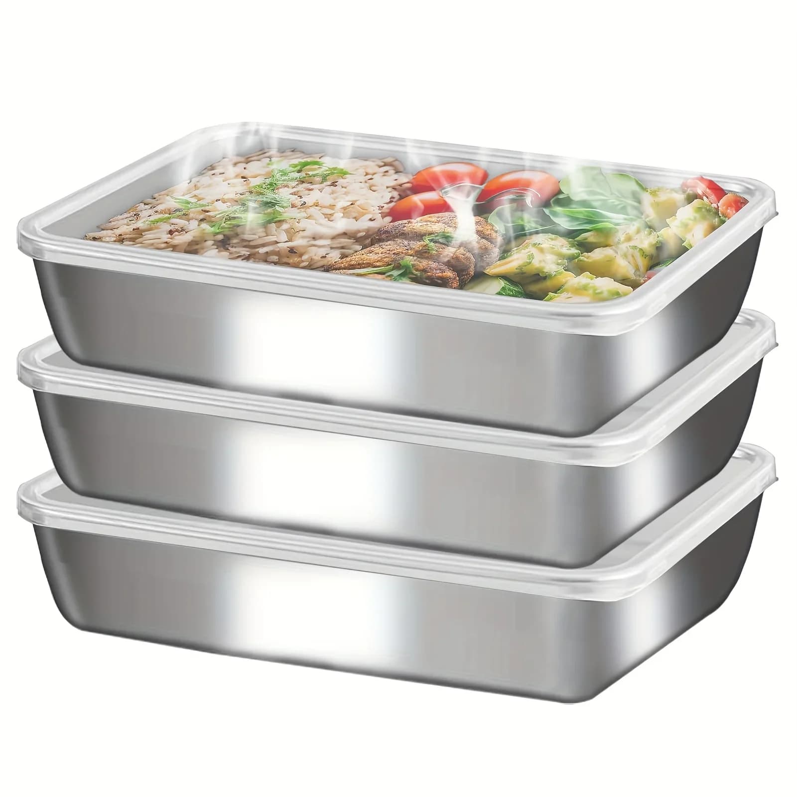 3 stk. matbokser i rustfritt stål – lekkasjesikre og stablebare