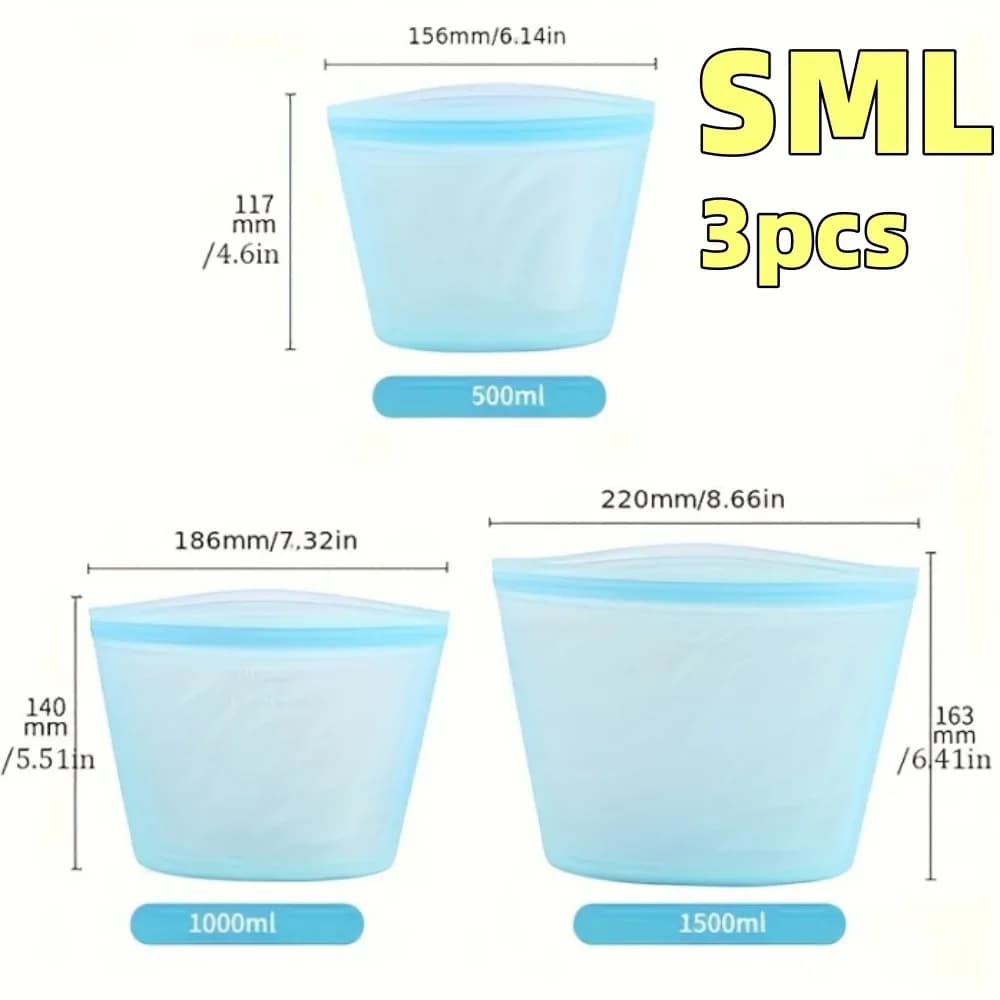 Gjenbrukbare silikonposer til matoppbevaring 1/3-stk | Lekkasjesikre ziplock-poser